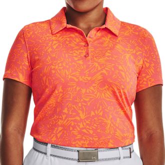 Under Armour Zinger Printed Ladies Golf Polo Shirt 1377377-683 Pink Shock/Orange Blast/Metallic Silver